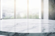 © PEPPERPOT - White Marble Table Counter Top, Podium Pedestal, Abstract Living Room Space Background in Interior. Product Mock up Display, Back Drop. Generative AI.