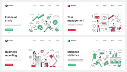 Poster - Business management, financial crisis, statistics and report set vector illustration. Cartoon tiny people research chart presentation about inflation, economy crash and money loss, work with analytics