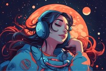 Beautiful Cute Anime Girl Floating In Space, Listening To Music In Her Headphones. Manga Style. Relaxing. Generative Ai. Lofi Hip Hop Music. Study Girl Chilling. Generative Ai.