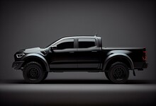 Side View Black Pick Up Truck On White. 3D Illustration. Generative AI