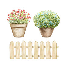 Watercolor Set With Cartoon Two Bouquet With Indoor Plant Flowers In Clay Pot And Wooden Fence Isolated On White Background. Watercolor Hand Drawn Illustration Sketch