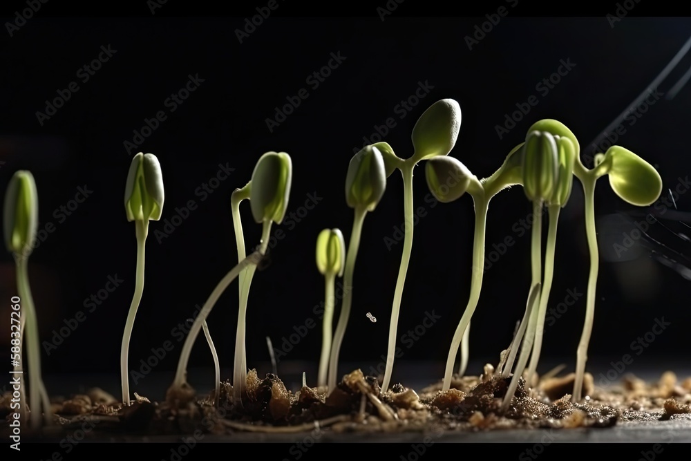 time-lapse sequence of seeds sprouting and growing on a black background and little light