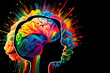 © Itana - Silhouette of human head brain with colorful paint splashes on black background, banner, ai generation