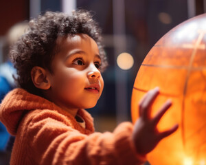 small child interacting with science exhibit at the museum. generative ai.