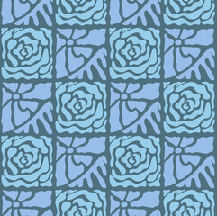 Wall Mural - groovy pattern with abstract blue rose flowers. modern checkerboard seamless.