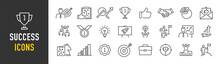 Success Web Icons In Line Style. Handshake, Growth Profit, Innovation, Increase Sale, Coaching, Progress, Strategy, Achievment, Collection. Vector Illustration.