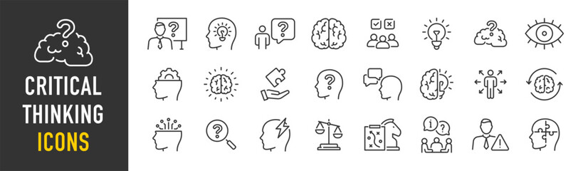 Critical thinking web icons in line style. Facts, think, analyzing, problem-solving, rational, decision making, collection. Vector illustration.