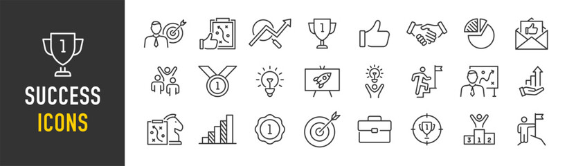 Success web icons in line style. Handshake, growth profit, innovation, increase sale, coaching, progress, strategy, achievment, collection. Vector illustration.
