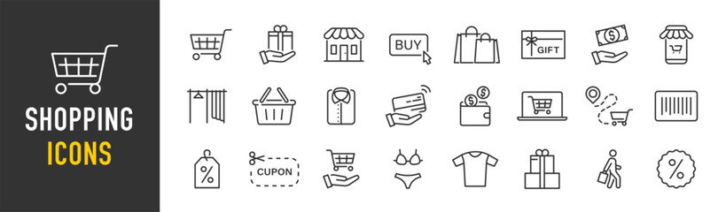 Wall Mural - shopping web icons in line style. online shop, digital marketing, delivery, coupon, discount, bank c