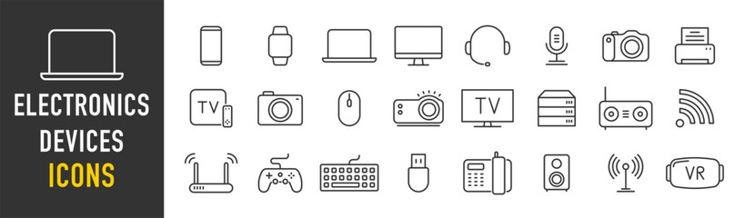 Wall Mural - Electronics and Devices web icons in line style. Computing, social network, management, internet, network, programming, Internet connection collection. Vector illustration.