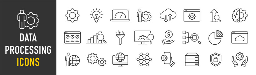 Wall Mural - data processing web icons in line style. analytics, gear, network, statistic, filter, diagrams, tech