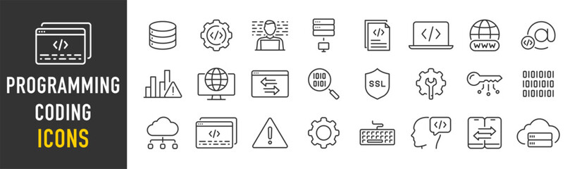 Wall Mural - Programming and coding web icons in line style. Information technology, developer, idea, advertising, app, archive, collection. Vector illustration.