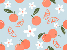 Seamless Pattern With Orange Fruit And Little Flowers On Blue Background Vector Illustration. Cute Fruit Print.