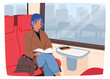 Young Woman, Engrossed In A Book, Sitting In A Train Carriage With Cityscape Background Blurs Into Motion, Illustration