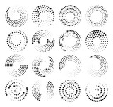 Fototapeta Abstrakcje - Radial speed Lines in circle form for comic books. Design element for frame, logo, tattoo, web pages, prints, posters, template, background. Set of black thick halftone dotted speed lines. Vector.	