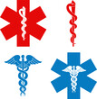 Medical symbol set red and blue cross Star of Life. Rod of Asclepius logo. Caduceus icon. Isolated on white background. First aid. Emergency symbol. Vector illustration.