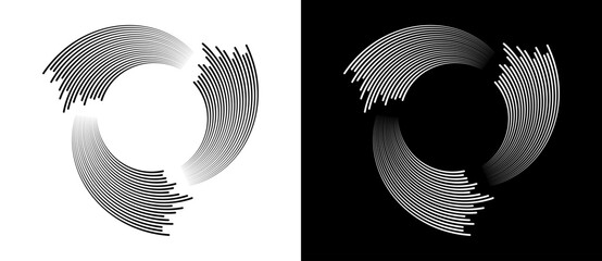 Wall Mural - circles with parallel lines and spiral perspective. a white circle on a black background and the sam