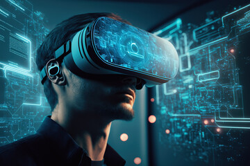 Man with VR headset, fully immersed in digital world, multiple augmented reality screens displaying data around him. Metaverse and virtual reality technology. Generative AI