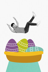 Sticker - Creative easter holiday collage photo of young funny guy falling inside basket much drawn eggs tradition isolated over white background