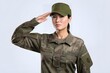 A fictional people. Asian female soldier saluting on white background. Generative AI