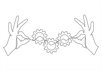 continuous one single line drawing of hand holding gears, tech development, engineering, technology