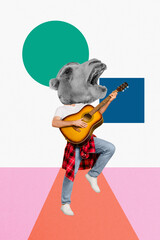 Poster - Vertical collage of headless camel singer playing guitar excited hold musical instrument have fun performance isolated on white background