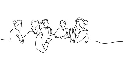 Business meeting continuous line drawing. Group of people woman and man talking and discussing a project.