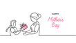 Happy mothers day banner. Young daughter give a gift for her mother. Continuous one line drawing, Kid and mom motherhood concept vector illustration.