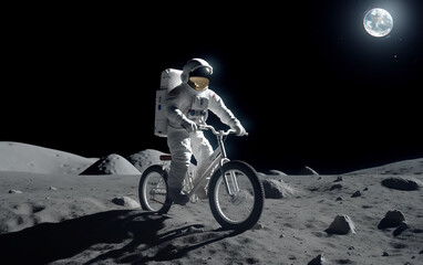 Wall Mural - astronaut embarks on an adventurous ride on the moon's surface, pedaling a bicycle while the luminou