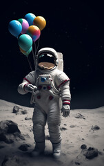 Wall Mural - astronaut, fully equipped, stands proudly on the lunar surface, clutching a bunch of colorful balloo
