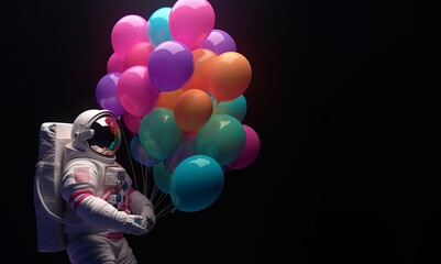 Wall Mural - astronaut confidently holds a vibrant cluster of helium balloons against a dark background, contrast