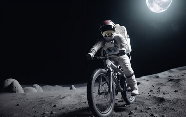 Wall Mural - astronaut on a lunar surface, skillfully navigating the moon's rocky terrain on a bicycle with the r