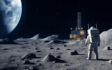 Wall Mural - astronaut stands on the moon's desolate terrain, observing a distant lunar module and drilling stati