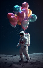 Wall Mural - an astronaut, tethered to multicolored balloons, stands against the backdrop of a starry sky and moo