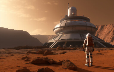 Wall Mural - astronaut observing a futuristic space station on a martian landscape, illustrating space colonizati