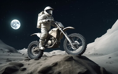 Wall Mural - astronaut skillfully rides a dirt bike over lunar terrain, combining space exploration with extreme 