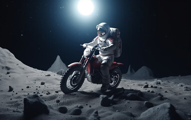 Wall Mural - astronaut riding a motorbike on a moon, demonstrating the blend of terrestrial activities in an extr