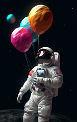 Wall Mural - astronaut in space holding vibrant balloons, juxtaposing terrestrial celebrations with the vastness 