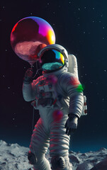 Wall Mural - astronaut on a moon's surface, holding a reflective bubble, capturing the intriguing blend of scienc