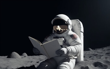 Wall Mural - an astronaut seated on the moon's surface engrossed in reading a book, illustrating space exploratio