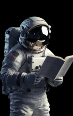Wall Mural - astronaut stands against a dark backdrop, holding and reading a book, merging space adventures with 