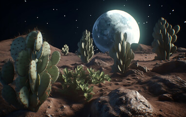 Wall Mural - cacti thrive on an alien landscape with a looming moon, portraying unexpected plant life in space se