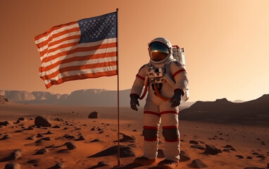 Wall Mural - astronaut plants the american flag on a martian terrain, symbolizing exploration and territorial cla