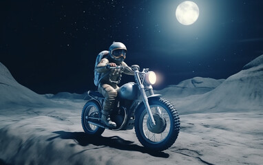 Wall Mural - astronaut rides a motorcycle on lunar terrain, showcasing a blend of earthly hobbies in an alien lan