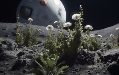 Wall Mural - greenery thrives on moon surface near a spacecraft, showcasing advanced life support systems in spac