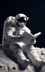 Wall Mural - astronaut comfortably reads a book on the moon, merging human habits with extraterrestrial environme