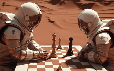 Wall Mural - two astronauts play chess on the mars. astronauts face off in a game of chess on a martian backdrop,