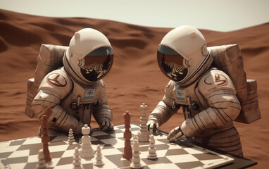 Wall Mural - two astronauts play chess on the mars. astronauts immersed in a focused game of chess on a martian l