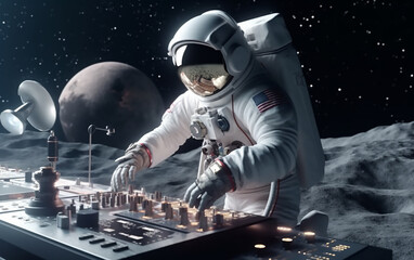Wall Mural - astronaut skillfully managing a dj deck against a backdrop of planets, illustrating entertainment's 