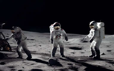 Wall Mural - astronauts in a playful moment, maneuvering around lunar rocks, demonstrating camaraderie and lighte